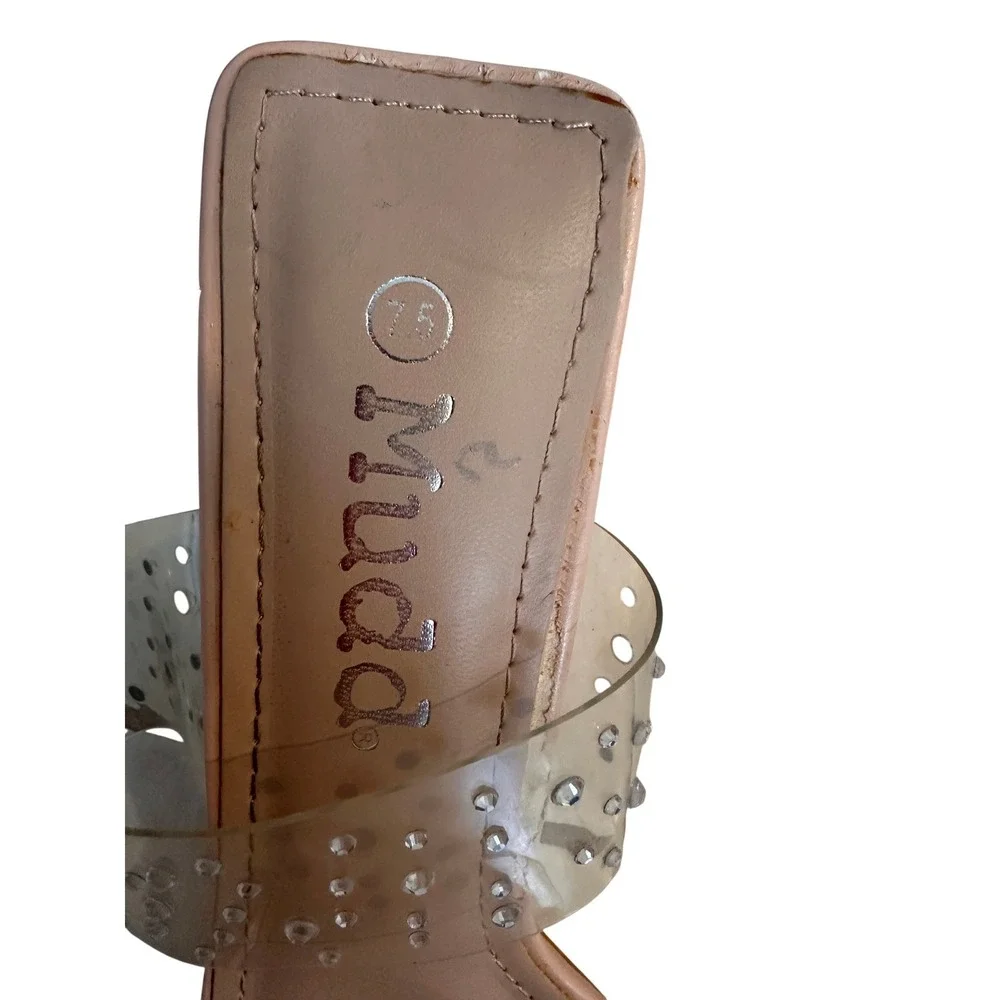 Mudd Womens Clear Rhinestone Square Toe Block Heel Slide Sandals Tan Size 7.5 - Picture 4 of 11